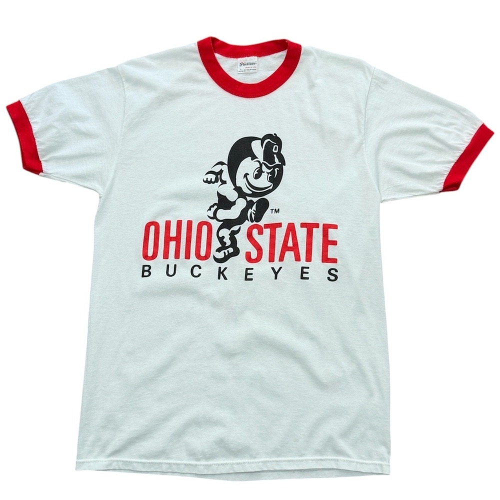 Vintage 80s Ohio State University Buckeyes NCAA Football Mascot Ringer T-Shirt